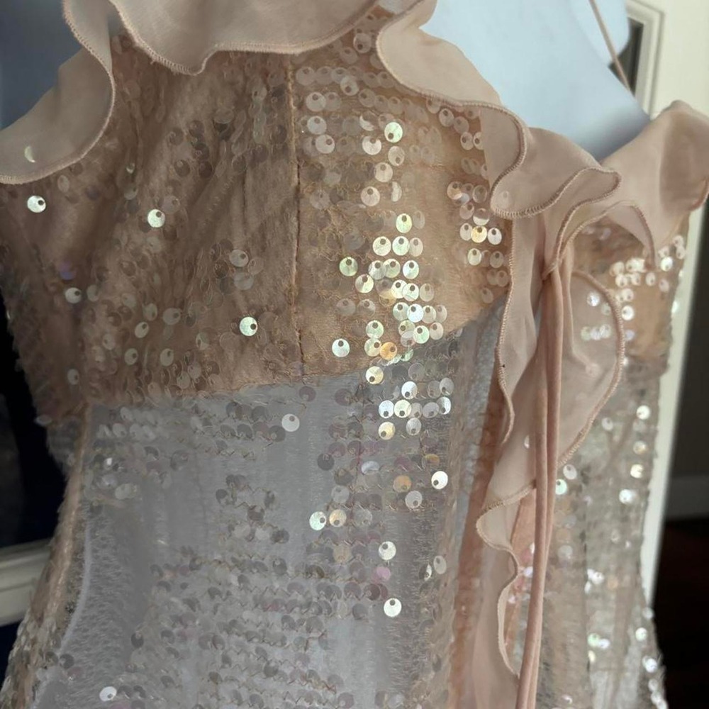 Zara Pink Sequin Camisole Top, featuring sheer mesh ruffled chiffon trim SZ XS - Picture 3 of 7